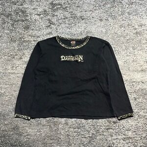 Vintage Harley Davidson Shirt Longsleeve Leopard Trim Womens Large Black Top Y2K